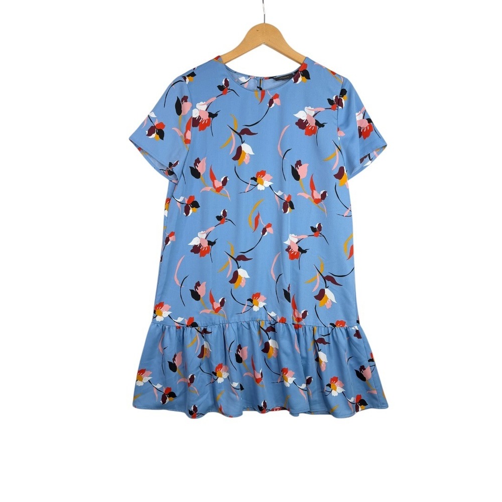 Halogen Floral Print Short‎ Sleeve Ruffle Hem Dress size Medium Petite Blue